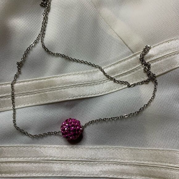 Pink pave crystal ball choker necklace on a silver tone chain - Picture 3 of 5